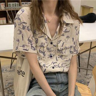 Short-sleeve Print Shirt Purple Hand Print - White - One Size