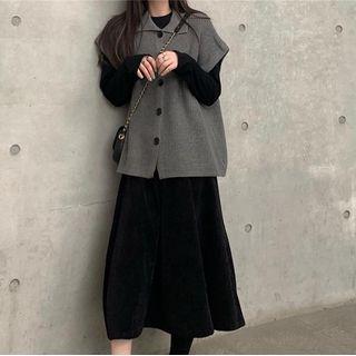 Set: Collared Single-breasted Sweater Vest + Midi A-line Skirt
