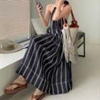 Halter Neck Striped Midi A-line Dress Stripes - Dark Blue & White - One Size