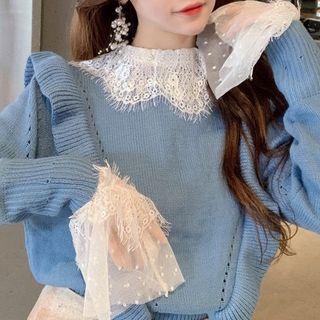 Long-sleeve Lace Trim Dotted Mesh Top