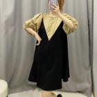 Puff-sleeve Mock Two-piece Color Block A-line Dress