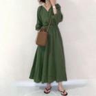 Long-sleeve Plain Midi Dress Green - One Size