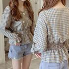 Gingham Long-sleeve Peplum Top