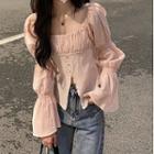 Plain Slit Cropped Blouse Pink - One Size