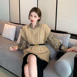 Leopard Print Blouse / Knit Vest / Midi A-line Skirt