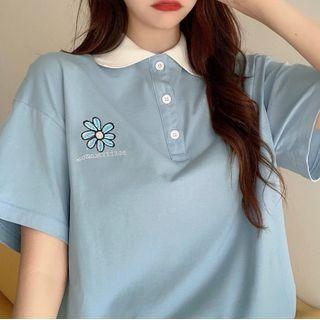 Short-sleeve Daisy Embroidered Polo Shirt