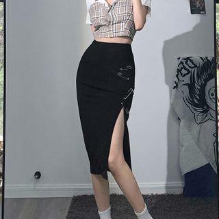 Safety Pin-accent Slit-hem Pencil Skirt