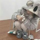 Koala Accent Hooded Zip Jacket / Gloves / Mock Neck Long-sleeve Knit Top / Plaid Mini A-line Skirt / Set