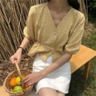 Elbow-sleeve Elastic-waist Plaid Top