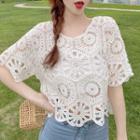 Short-sleeve Plain Crochet Perforated Top