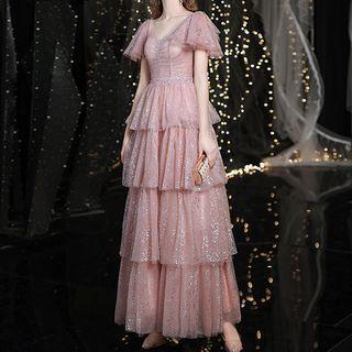 Short-sleeve Sequined A-line Layered Evening Gown