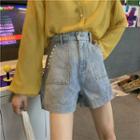Faux-pearl High-waist Denim Shorts