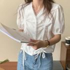 Puff-sleeve V-neck Drawstring Blouse White - One Size