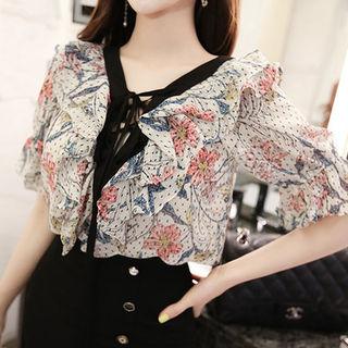 Tie-neck Floral Print Frilled Top