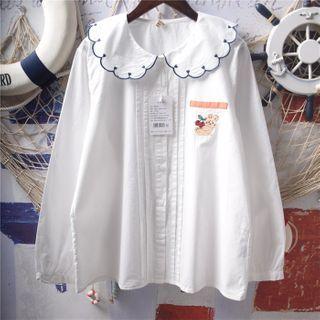 Long-sleeve Cartoon Embroidered Scalloped Collar Blouse White - One Size