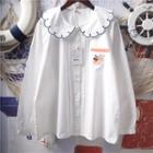 Long-sleeve Cartoon Embroidered Scalloped Collar Blouse White - One Size