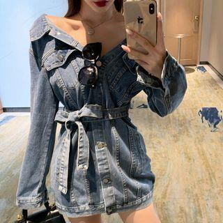 Long-sleeve Off-shoulder Mini Denim Shirtdress