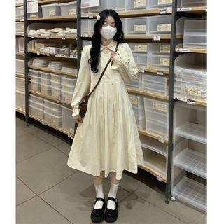 Long-sleeve Collar Midi A-line Dress Beige - One Size