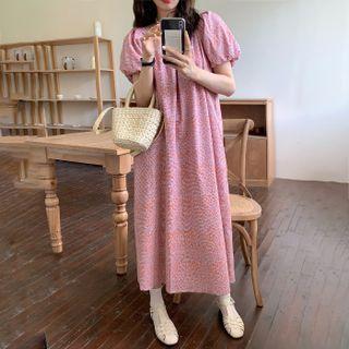 Puff-sleeve Floral Midi Shift Dress
