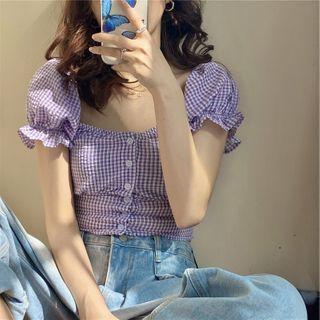 Gingham Puff-sleeve Cropped Blouse