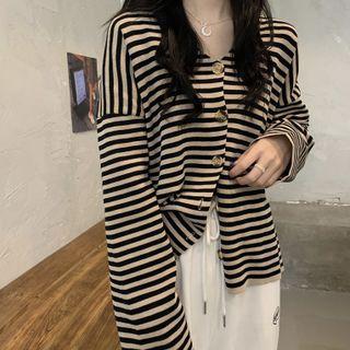 V-neck Striped Long-sleeve Cardigan Stripe - Black & Coffee - One Size