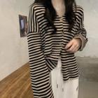 V-neck Striped Long-sleeve Cardigan Stripe - Black & Coffee - One Size