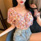 Floral Print Puff-sleeve Cropped Chiffon Top Pink - One Size