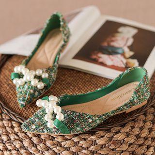 Pointed Plaid Faux Pearl Flats