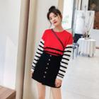 Long-sleeve Striped Panel Color Block Knit Top