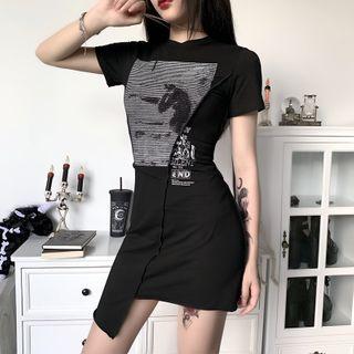 Asymmetric Hem Printed Short-sleeve Sheath Dress