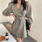 Plain Long-sleeve Belted Mini A-line Dress