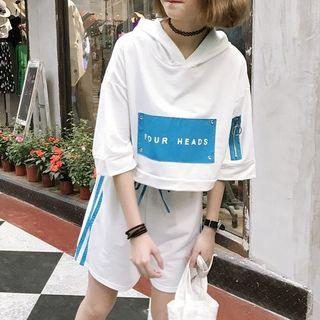 Set: Letter Embroidered 3/4 Sleeve Hoodie + Drawstring Shorts
