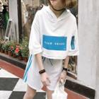 Set: Letter Embroidered 3/4 Sleeve Hoodie + Drawstring Shorts
