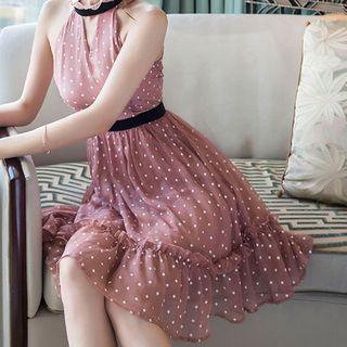 Halter-neck Dotted Mini A-line Chiffon Dress