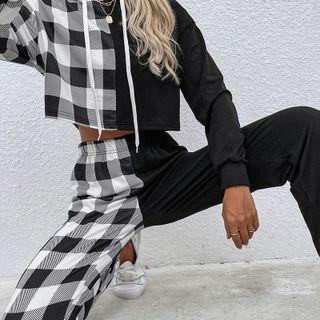 Set: Plaid Panel Cropped Hoodie + Harem Pants