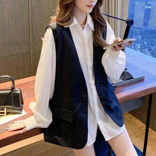 Set: Long-sleeve Plain Shirt + Vest