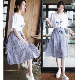Set: Short-sleeve Printed T-shirt + Striped A-line Midi Skirt