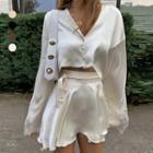 Plain Oversize Cropped Blouse / High-waist Plain A-line Mini Skirt