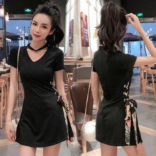 Set: Short-sleeve Lace-up Mini Dress + Shorts