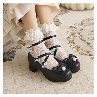 Platform Block Heel Frill Trim Bow Mary Jane Pumps
