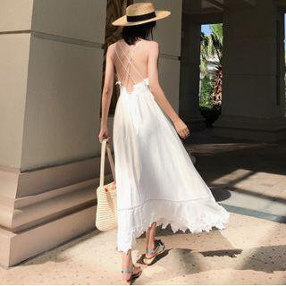 Spaghetti Strap Floral Applique A-line Maxi Dress