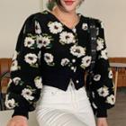 Cropped Floral Embroidered Button Jacket Black - One Size