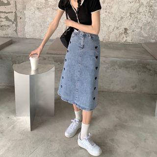 Heart Embroidered Denim Skirt