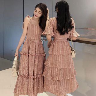Spaghetti Strap / Short-sleeve Tiered Midi Dress