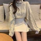 Turtleneck Cropped Sweater / Asymmetric Mini A-line Skirt