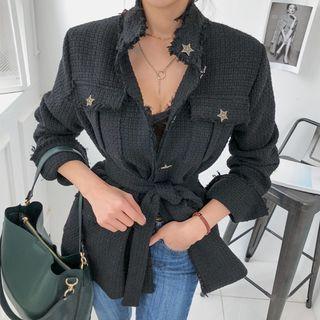 Star-button Tweed Field Jacket With Sash