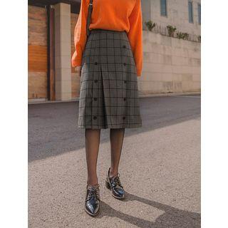 Buttoned Pleated Long Plaid Skirt