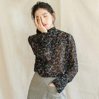 Mock-turtleneck Floral Print Chiffon Blouse