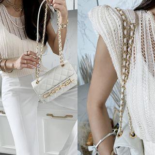 Padded Shoulder Faux-pearl Trim Knit Top Ivory - One Size