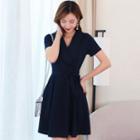Bow Accent Short-sleeve Collared A-line Dress